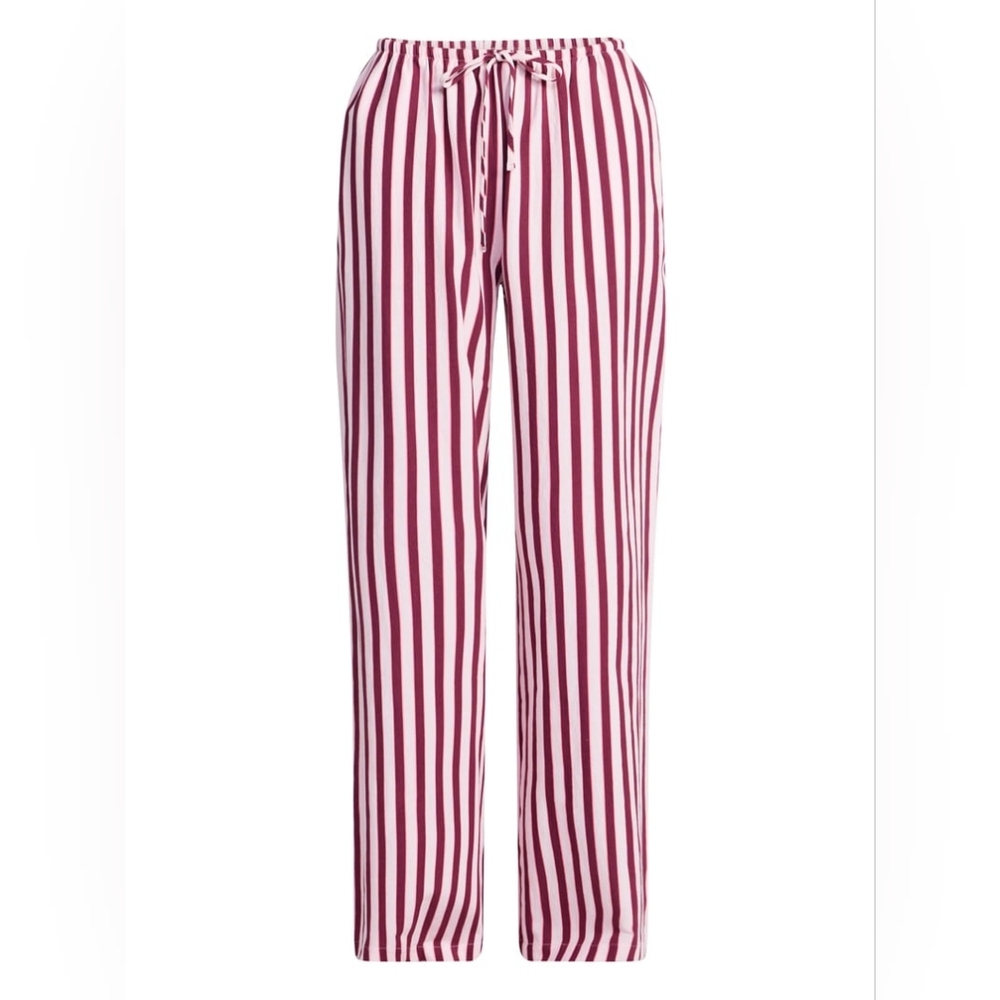Striped Drawstring Wide-Leg Pants - Burgundy & White